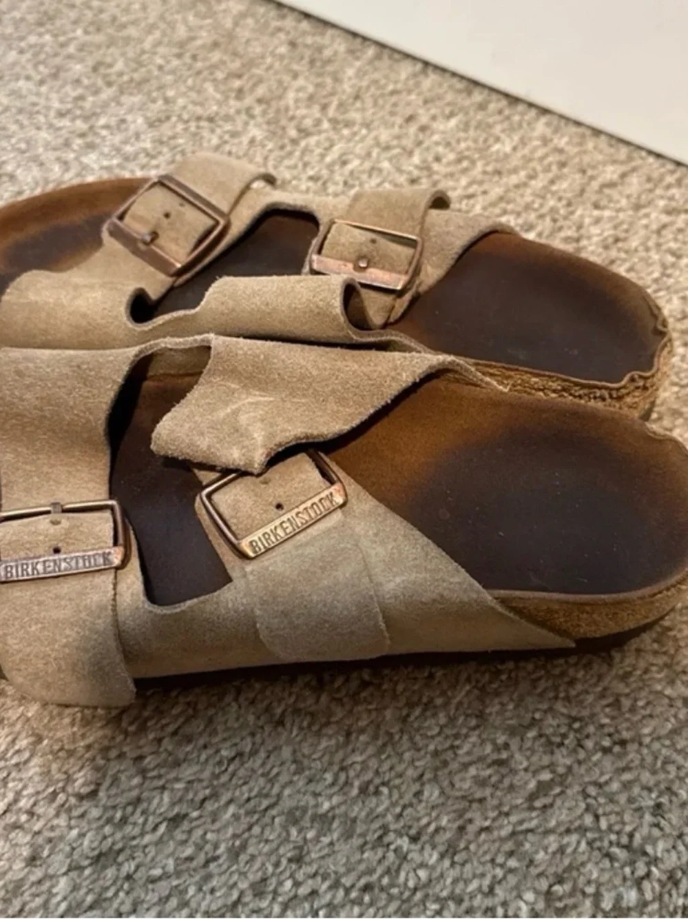 Birkenstock Taupe Suede Double-Strap Sandals with Copper Buckles